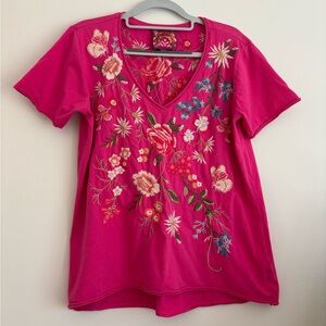 Johnny Was Embroidered V-Neck Floral Tee - Hot Pink